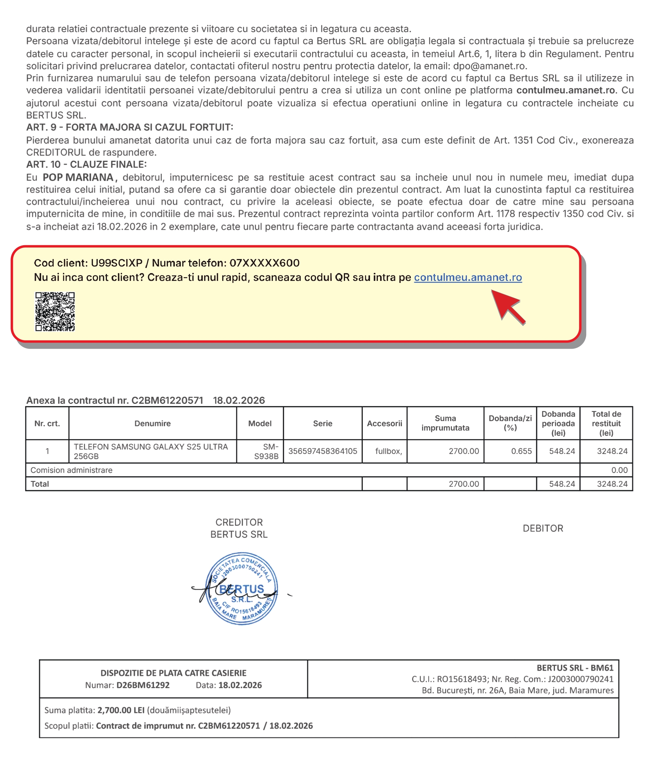 Pozitia codului client si a numarului de telefon pe contract